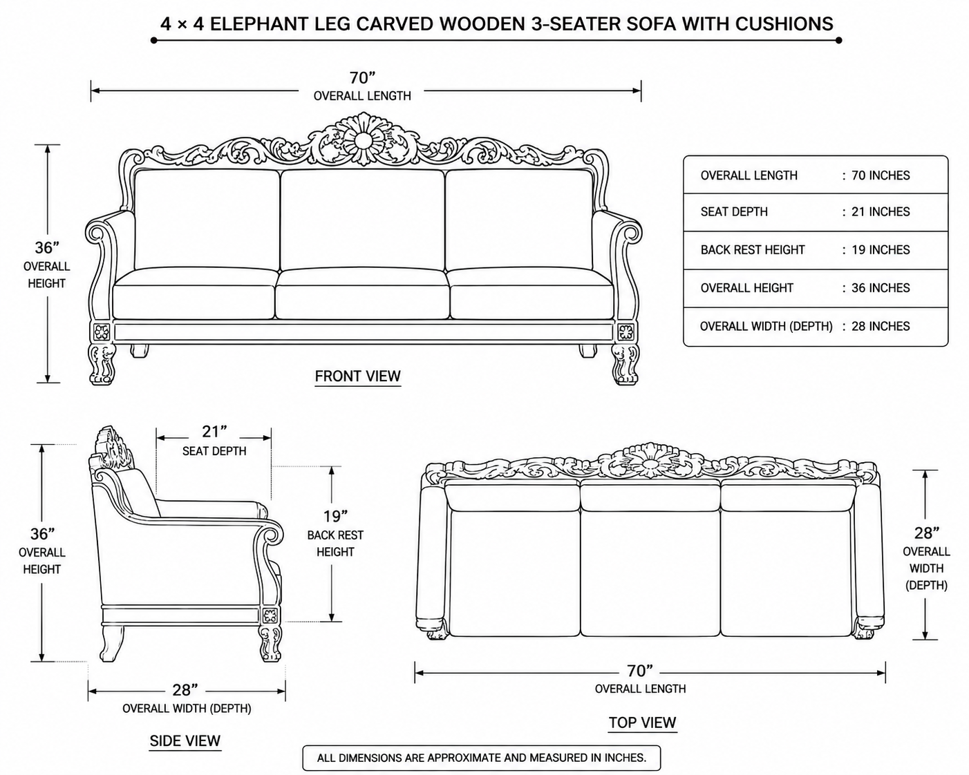 4 × 4 Elephant Leg Carved Wooden 3-Seater Sofa with Cushions