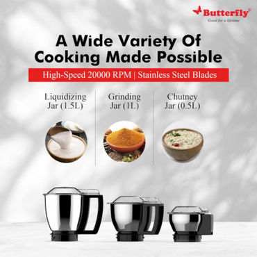 Butterfly Magnum 1.2 Hp Mixer Grinder 3 Jar, 900 Watt, Black,