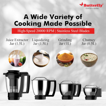 Butterfly Magnum 1.2HP Mixer Grinder with 4 Jars | 100% Copper Motor
