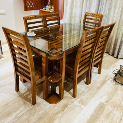 Furniture Teak Wood Dining Table with Glass top, Set of 6 Seater Wooden Chairs for Dining Room & Home