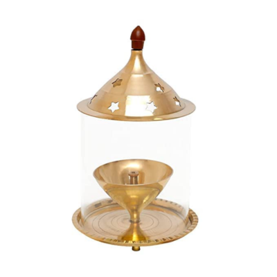Brass Diya with Glass Cover - 7 inch_Glass Oil Lamp,Durga Pooja Cylindrical Shaped Diya,