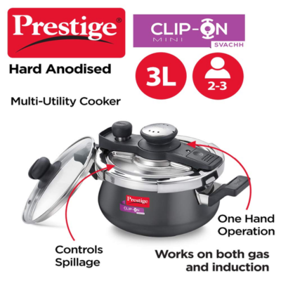 Prestige Svachh Clip-on Non-induction base Outer Lid Hard Anodised Aluminium Pressure Handi, 3L,