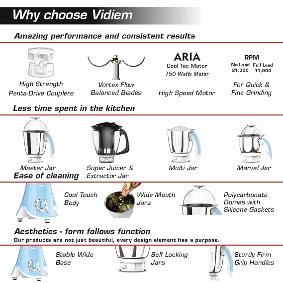 Vidiem Eva Super Blue 750W 4-Jar Mixer Grinder