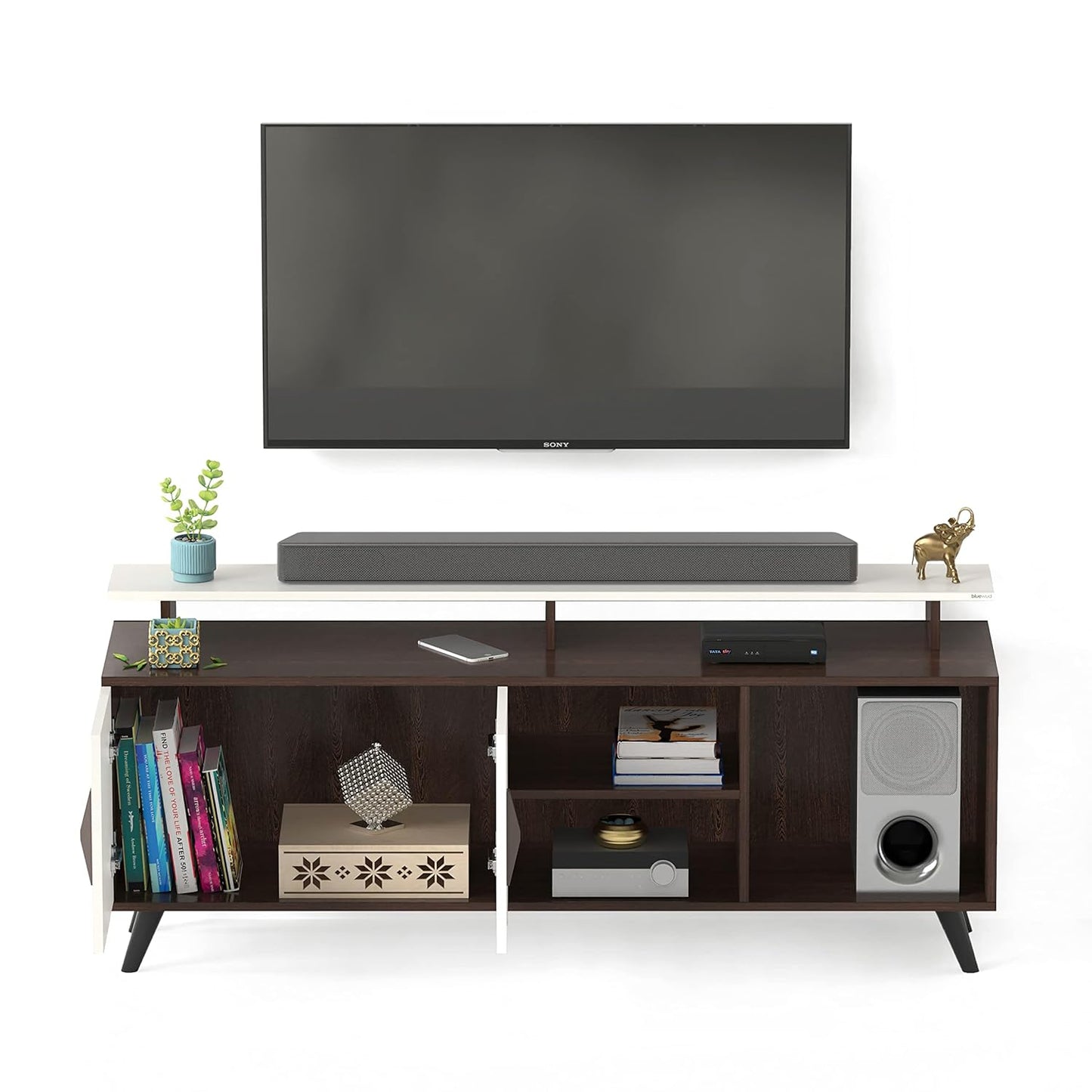 BLUEWUD Skiddo Engineered Wood TV Entertainment Unit Set Top Box Stand/TV Cabinet with Shelves for Books & Décor Display Unit Bed Living Room Upto 55 Inches - DIY (Wenge & White)