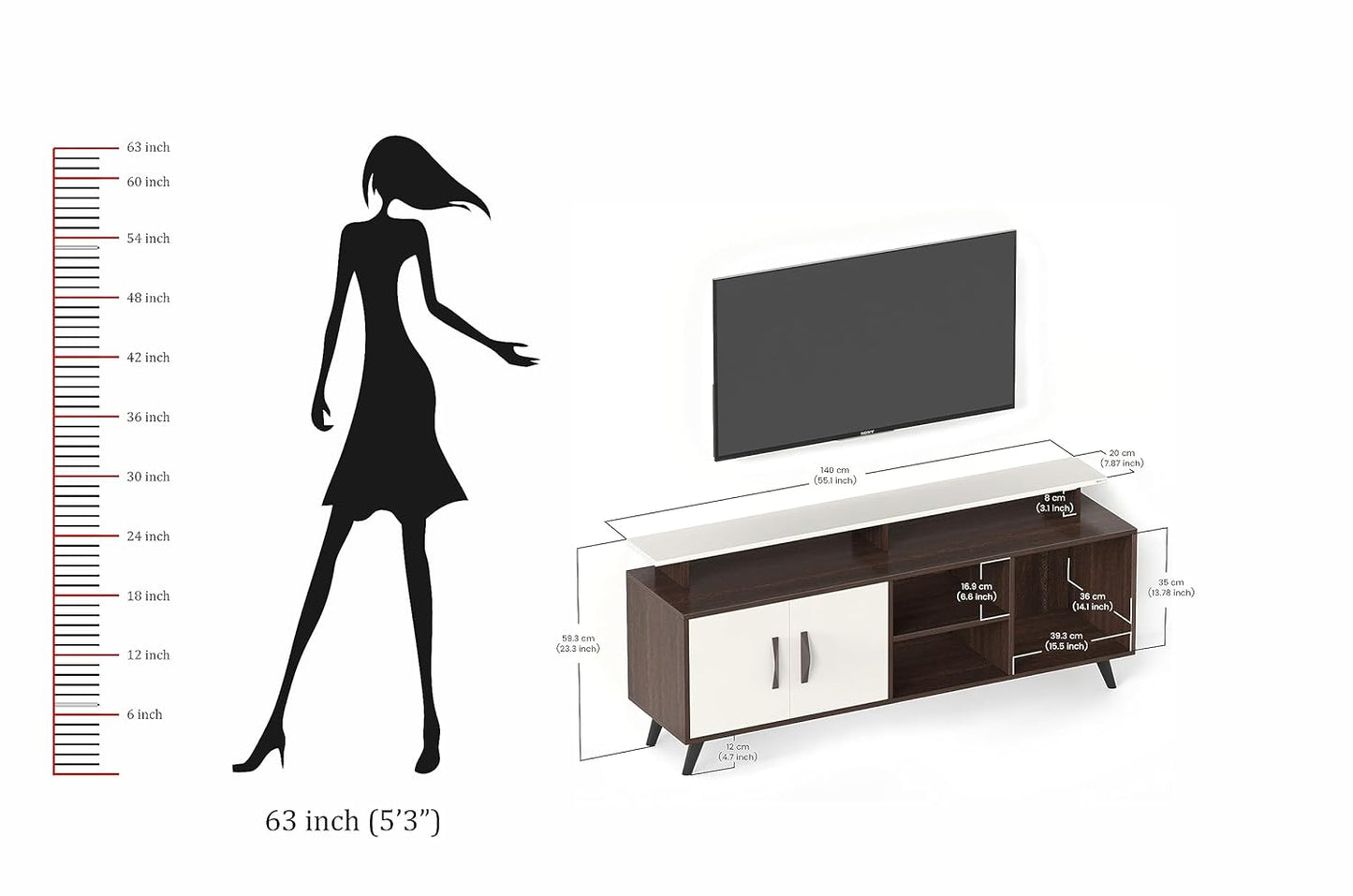 BLUEWUD Skiddo Engineered Wood TV Entertainment Unit Set Top Box Stand/TV Cabinet with Shelves for Books & Décor Display Unit Bed Living Room Upto 55 Inches - DIY (Wenge & White)