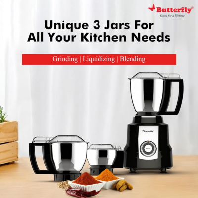 Butterfly Magnum 1.2 Hp Mixer Grinder 3 Jar, 900 Watt, Black,