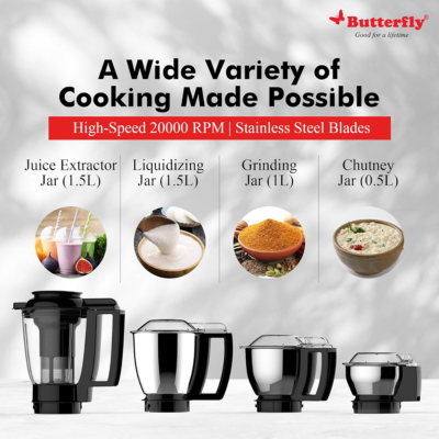 Butterfly Magnum 1.2HP Mixer Grinder with 4 Jars | 100% Copper Motor