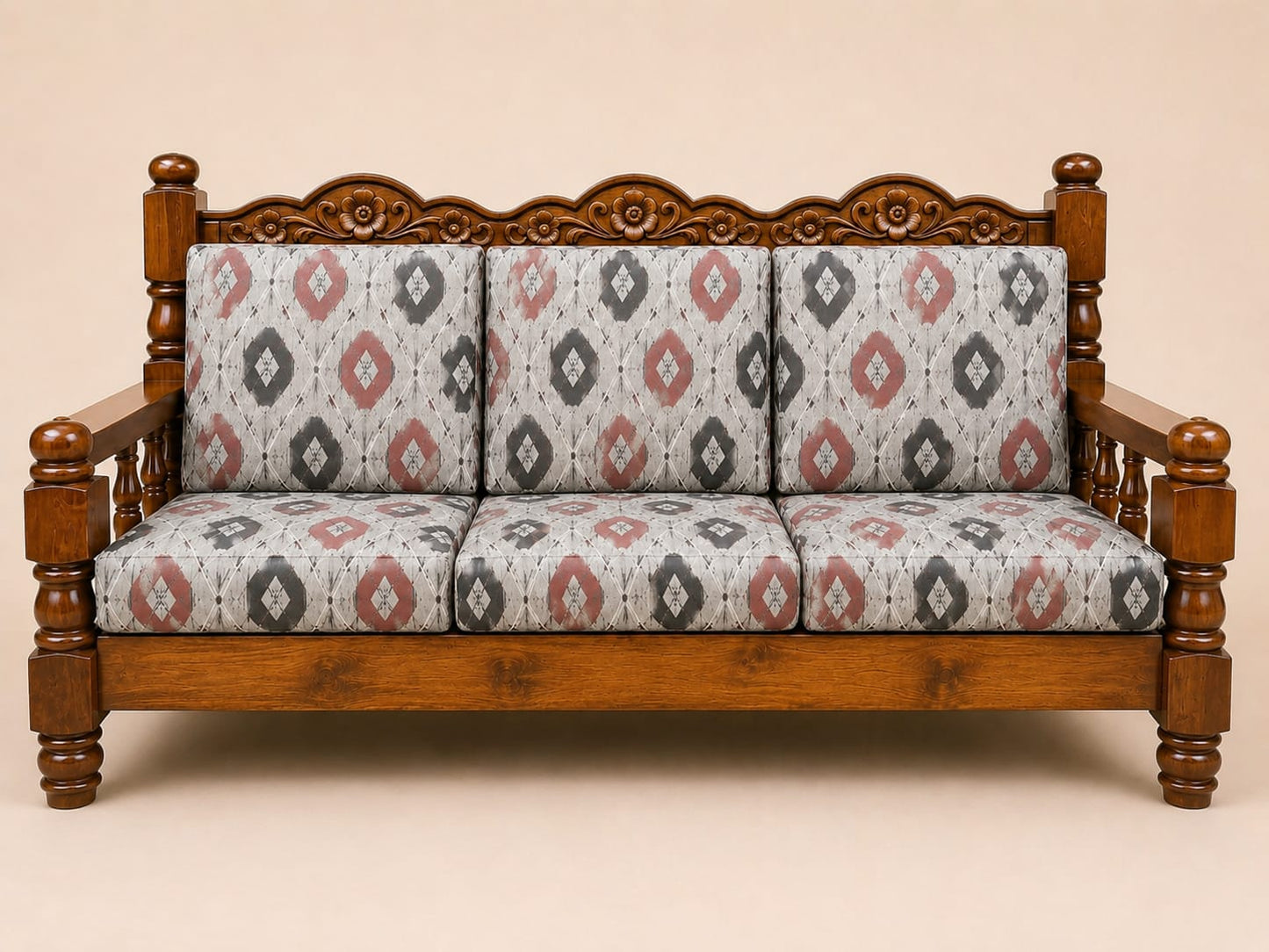 4 × 4 Elephant Leg Carved Wooden 3-Seater Sofa with Cushions