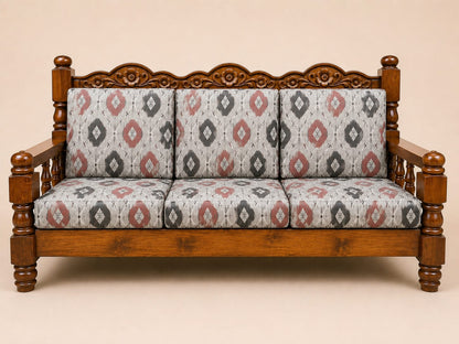 4 × 4 Elephant Leg Carved Wooden 3-Seater Sofa with Cushions
