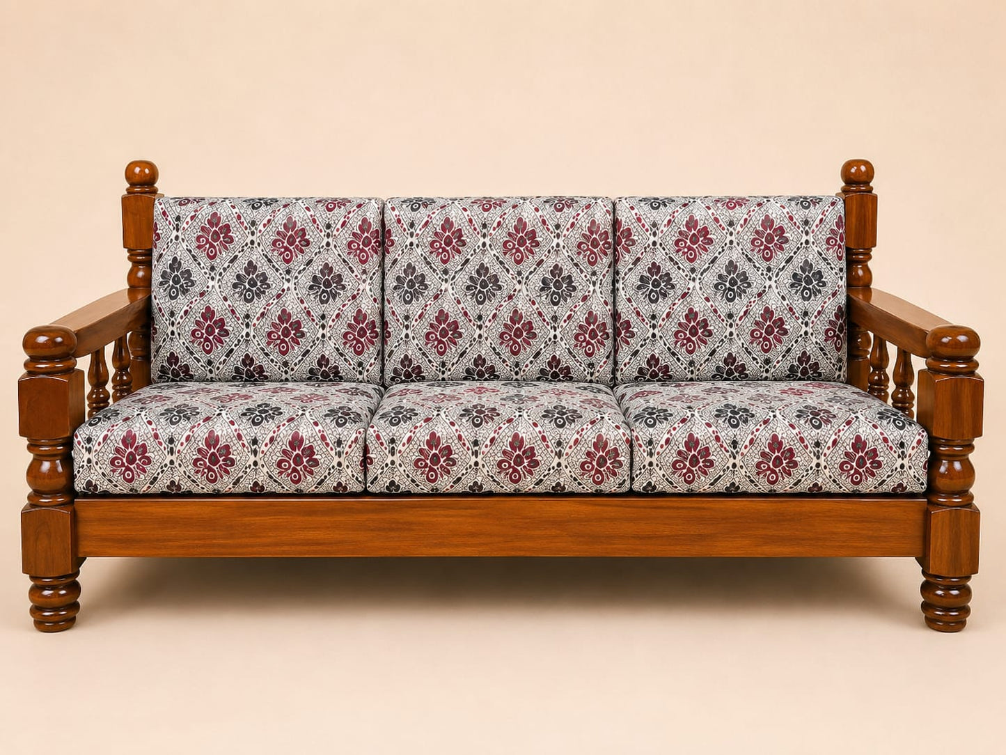 4 × 4 Elephant Leg Plain Wooden 3-Seater Sofa with Cushions