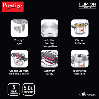 Prestige FLIP-ON TRI-PLY  Pressure Cooker with Glass Lid (Silver and  Black),