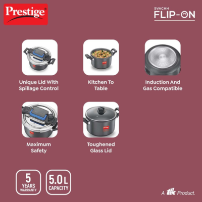 Prestige Svachh Flip-on Hard Anodised Spillage Control Outer Lid Pressure Cooker with Glass Lid