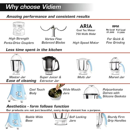 Vidiem Eva Super Blue 750W 4-Jar Mixer Grinder